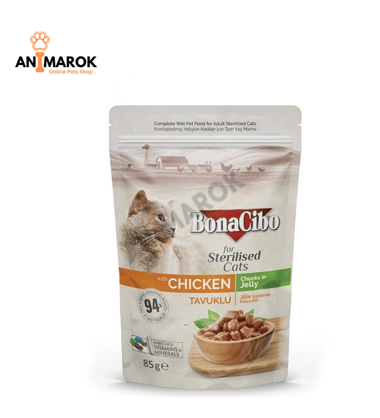 Bonacibo Morceaux en Gelée pour Chats Stérilisés au poulet  – Aliment Humide Complet