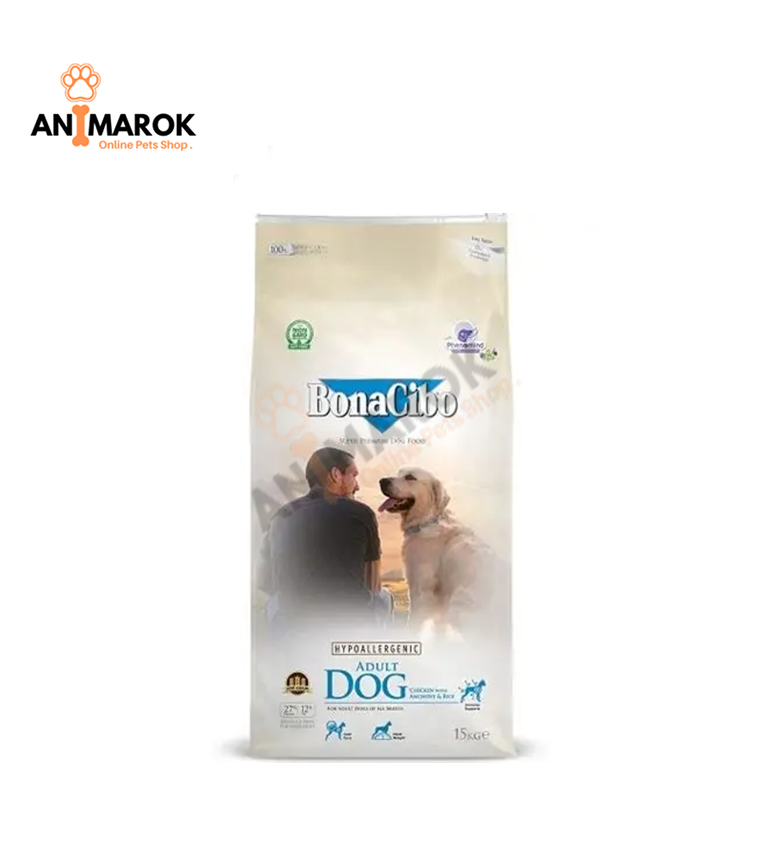 Bonacibo Croquettes Low Grain et Hypoallergéniques pour Chien Adulte au Poulet, Anchois & Riz